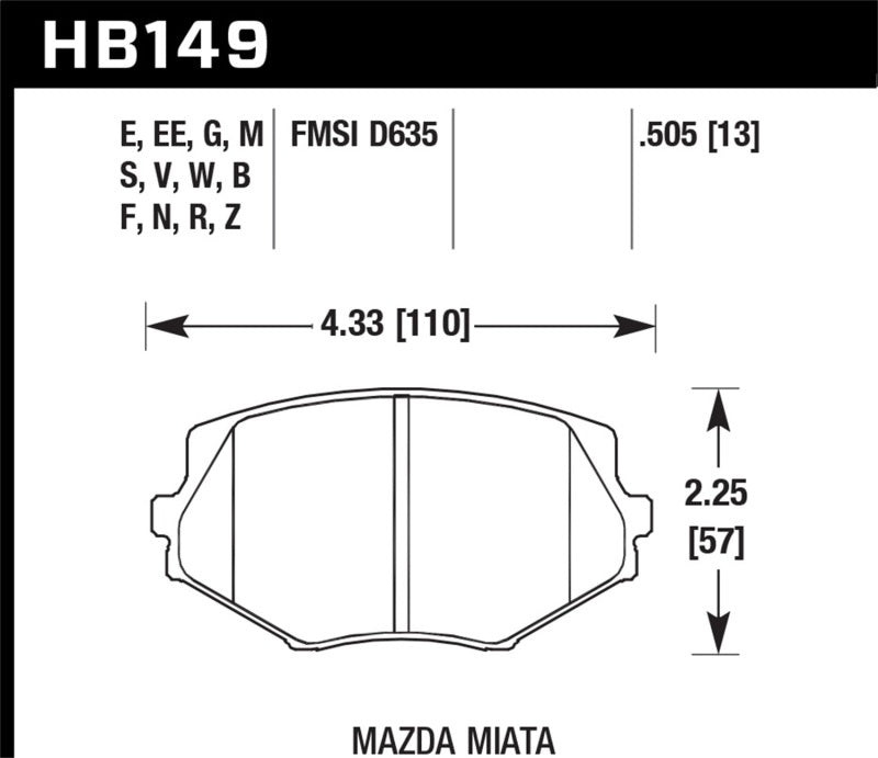Hawk 94-05 Miata / 01-05 Normal Suspension HPS Street Front Brake Pads (D635) dimensions and specifications