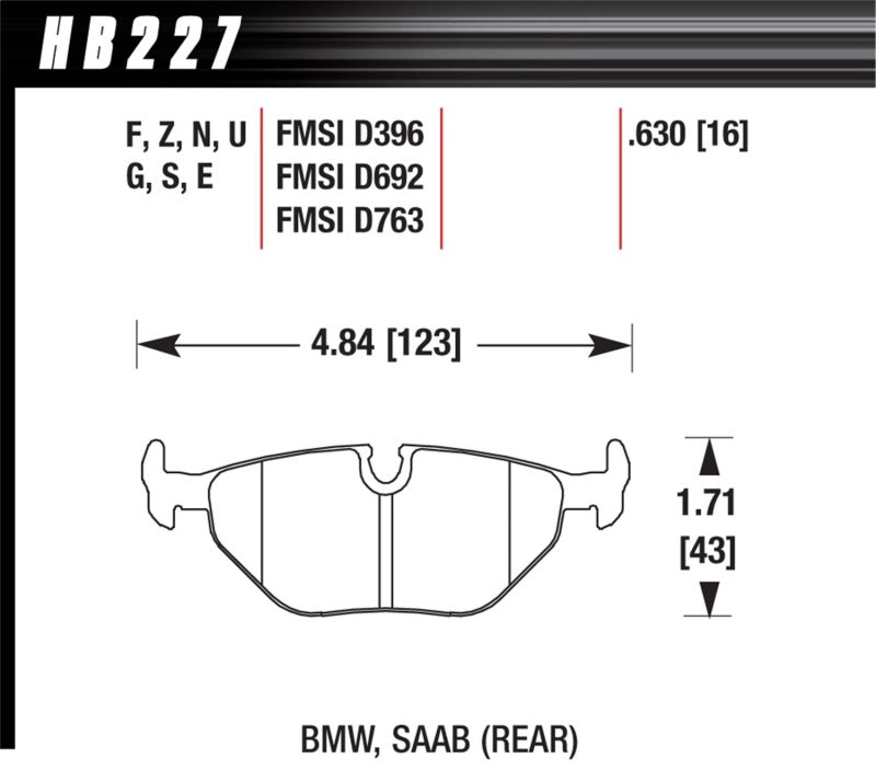 Hawk 92-95 BMW 325iS / 96-02 BMW M3 DTC-70 Race Rear Brake Pads dimensions diagram