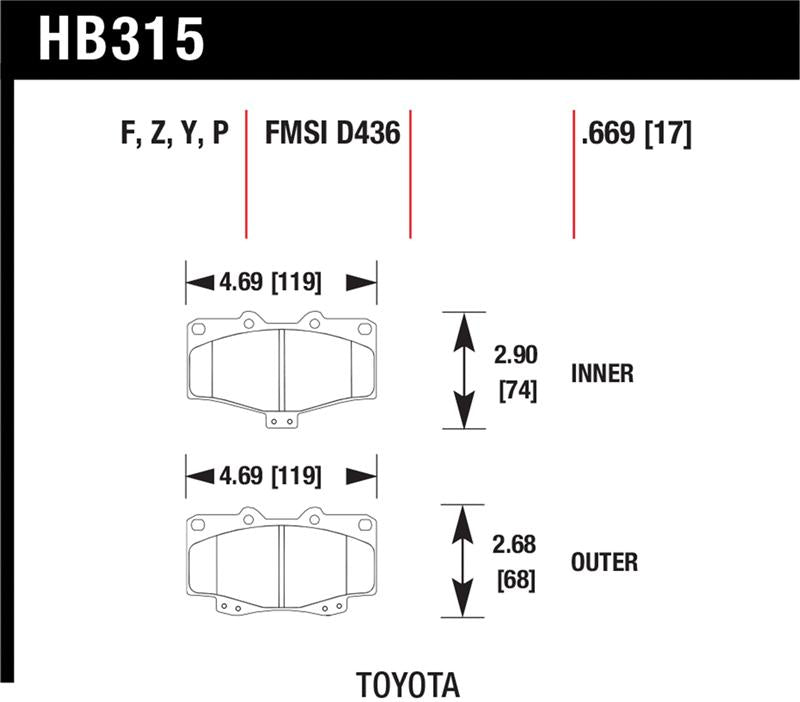 Hawk LTS Street Brake Pads specifications for Toyota vehicles