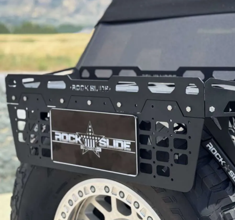 Rock Slide Engineering EZ Rack Accessory Tray License Plate Panel for offroad performance upgrades and Jeep Wrangler accessories.