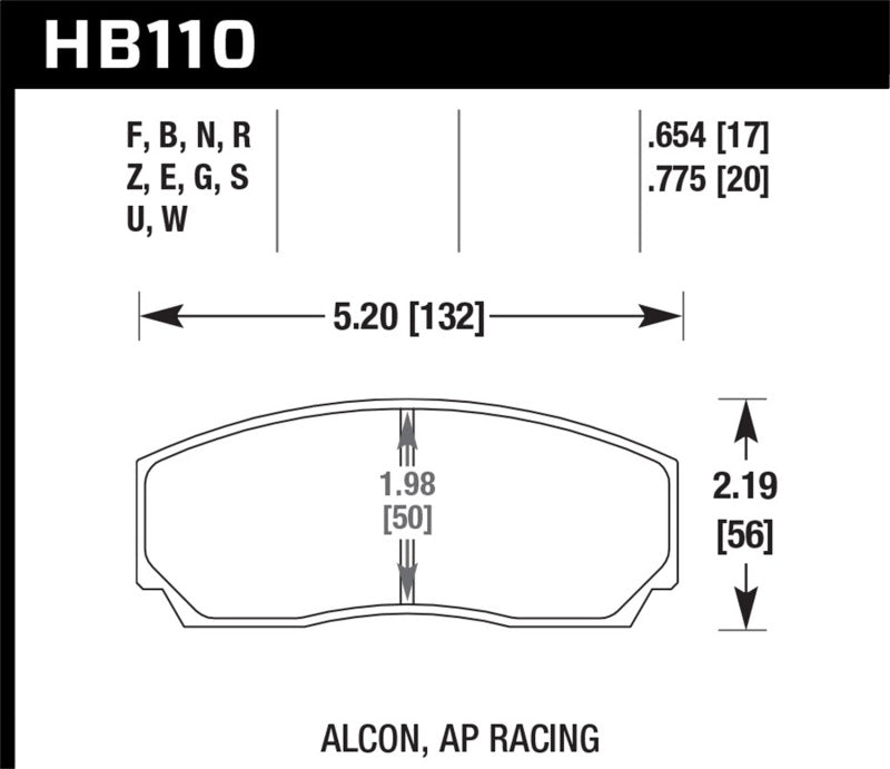 HB110 Brake Pad Diagram for Hawk AP CP5200 Caliper HP+
