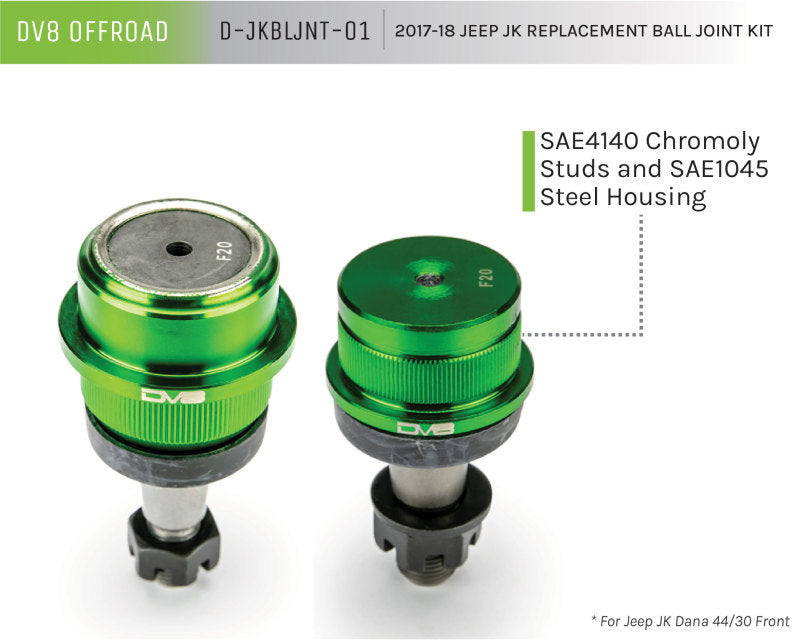 DV8 Offroad 07-18 Jeep Wrangler JK Replacement Ball Joint Kit - Dana 30/44 with chromoly steel construction for durability.