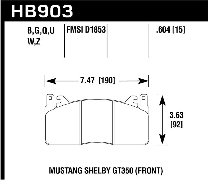 Hawk 2015 Ford Mustang DTC-60 Front Brake Pads dimensions drawing