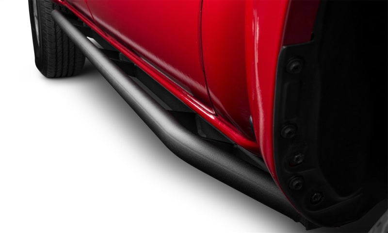 N-Fab Trail Slider Steps 16-20 Toyota Tacoma Crew Cab All Beds - SRW - Textured Black on red truck
