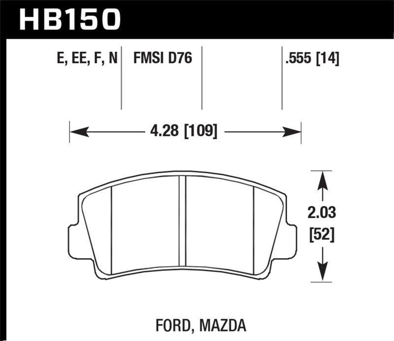 Hawk HPS Street Brake Pads dimensions for Ford and Mazda