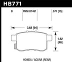 Hawk 08-16 Honda Accord High Performance Street 5.0 Rear Brake Pads dimensions and specifications drawing.