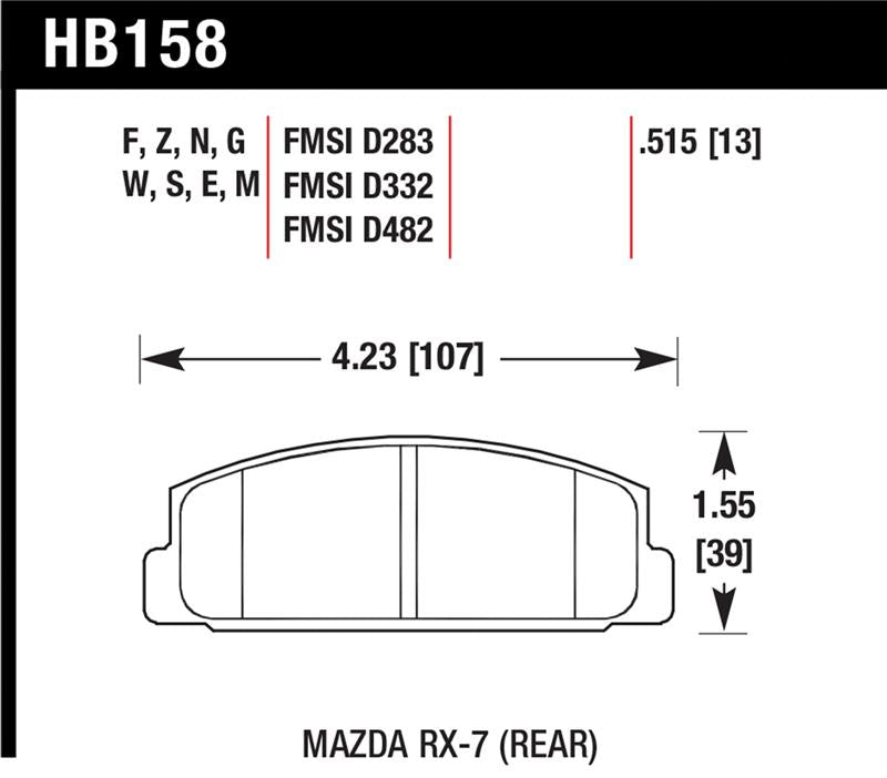 Hawk 2003-2005 Mazda 6 HPS 5.0 Rear Brake Pads dimensions