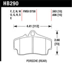 Hawk 98 Porsche 911 Targa/99-08 911 Carrera 4/00-06 Boxster S DTC-70 rear brake pad dimensions and specifications.