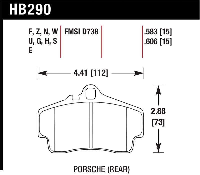 Hawk 98 Porsche 911 Targa/99-08 911 Carrera 4/00-06 Boxster S DTC-70 rear brake pad dimensions and specifications.