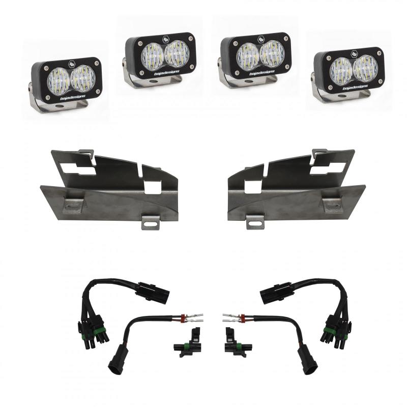 Baja Designs 2019+ Dodge Ram Rebel 1500 S2 Dual Fog Pocket Kit components and brackets for off-road lighting.
