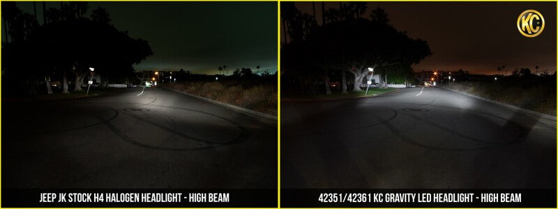 KC HiLiTES 07-18 Jeep JK (Not for Rubicon/Sahara) 7in. Gravity LED DOT Headlight comparison with stock halogen high beam.