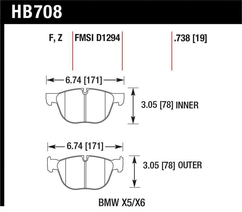HB708 dimensions for Hawk 07-08 BMW X5 3.0si/4.8i / 09-13 X5 Xdrive / 08-13 X6 Xdrive Perf Ceramic Frt Street Brake Pads