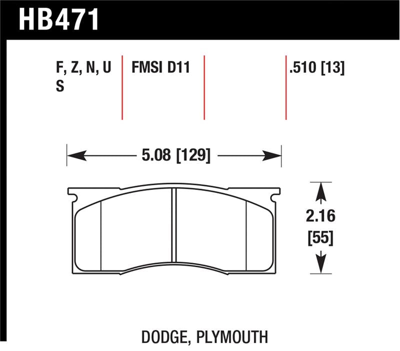 Hawk HPS Street Brake Pads dimensions for Dodge Plymouth