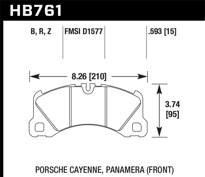 Hawk 10-13 Porsche Panamera / 15-17 Porsche Macan Turbo HPS 5.0 Front Brake Pads design diagram and measurements.