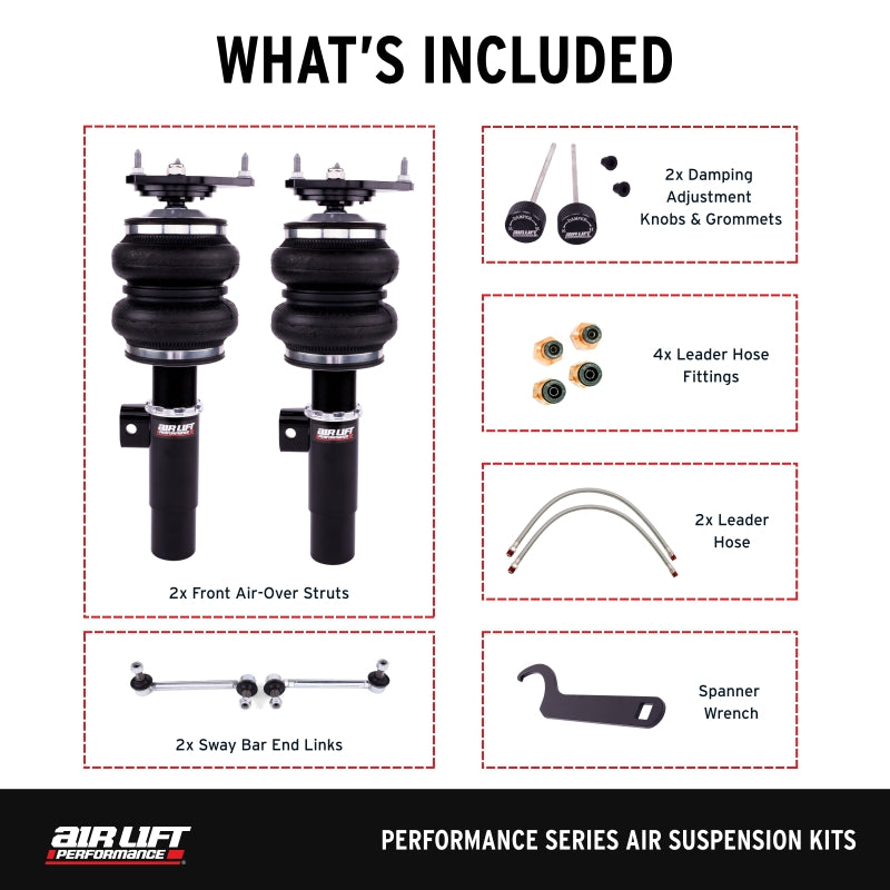 Air Lift 05-14 Audi A3 / 06-14 Volkswagen GTI Performance Front Kit, includes struts, end links, and hoses.