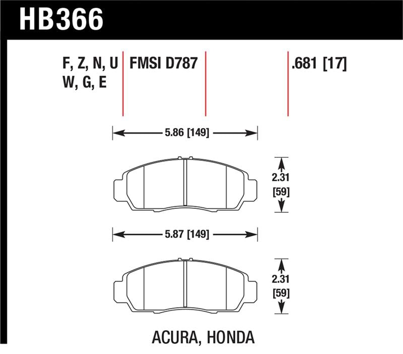 Hawk 04-10 Acura TSX / 99-08 TL / 01-03 CL / 03-10 Honda Accord EX DTC-60 Race Front Brake Pads specifications diagram