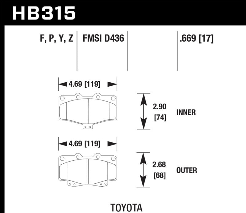 Hawk LTS Street Brake Pads dimensions for Toyota vehicles