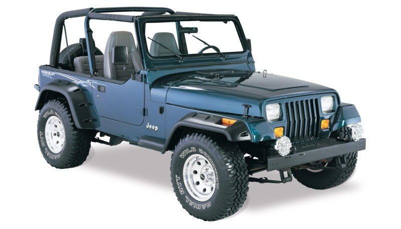 Bushwacker 87-95 Jeep Wrangler Cutout Style Flares 4pc Cutting Optional Not Renegade - Black on Jeep Wrangler with offroad tires.