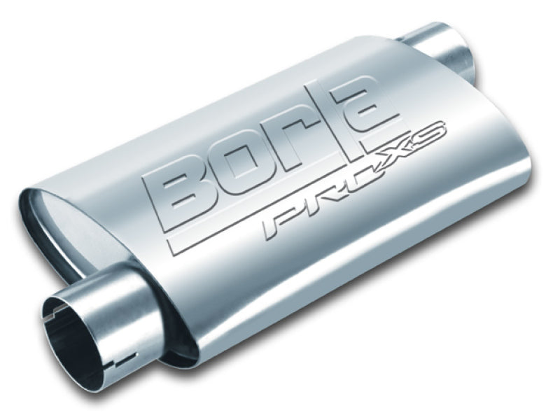 Borla Universal Pro-XS Muffler Oval 2.5in Inlet/Outlet Offset/Offset Notched Muffler for offroad performance upgrades.