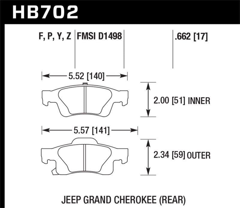 Dimensions of Hawk 11-12 Dodge Durango / 11-12 Jeep Grand Cherokee LTS Rear Street Brake Pads