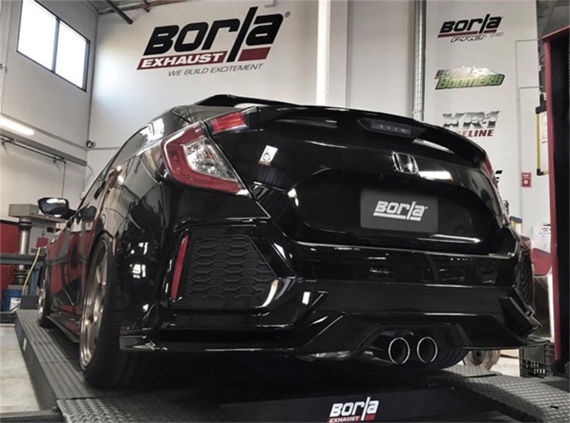 Borla 16-17 Honda Civic Sport 1.5L AT/MT Hatchback S-Type Catback Exhaust showcase in a garage.