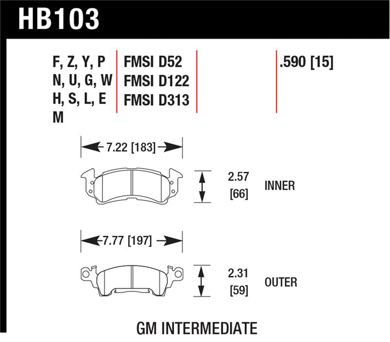 Hawk 1975-1975 Buick Apollo SR HPS 5.0 Front Brake Pads dimensions and specifications