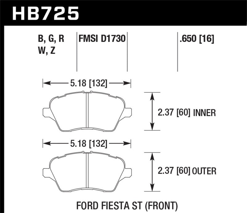 Hawk 2014 Ford Fiesta ST DTC-30 Front Brake Pads dimensions