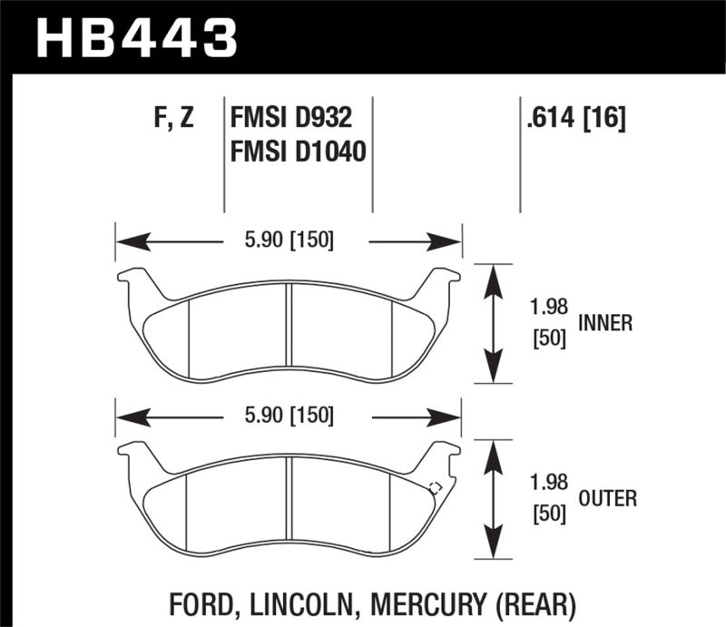 Hawk HPS Street Brake Pads dimensions for Ford, Lincoln, Mercury