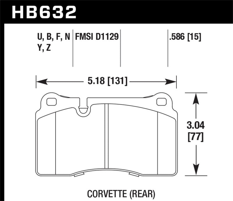 HB632 Corvette rear brake pad dimensions and specs