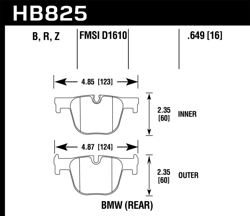 Hawk 13-15 BMW 335i/335i xDrive / 14-16 BMW 435i/435i xDrive HPS 5.0 Rear Brake Pads technical drawing dimensions
