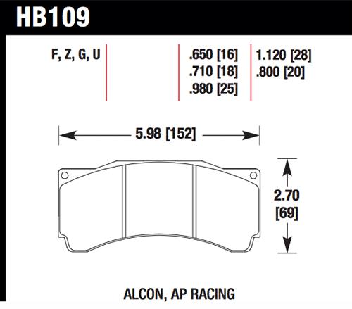 Hawk Alcon TA-6 / AP Racing CP5060-2/3/4/5ST / AP Racing CP5555 / Rotora FC6 DTC-70 Race Brake Pads specifications diagram