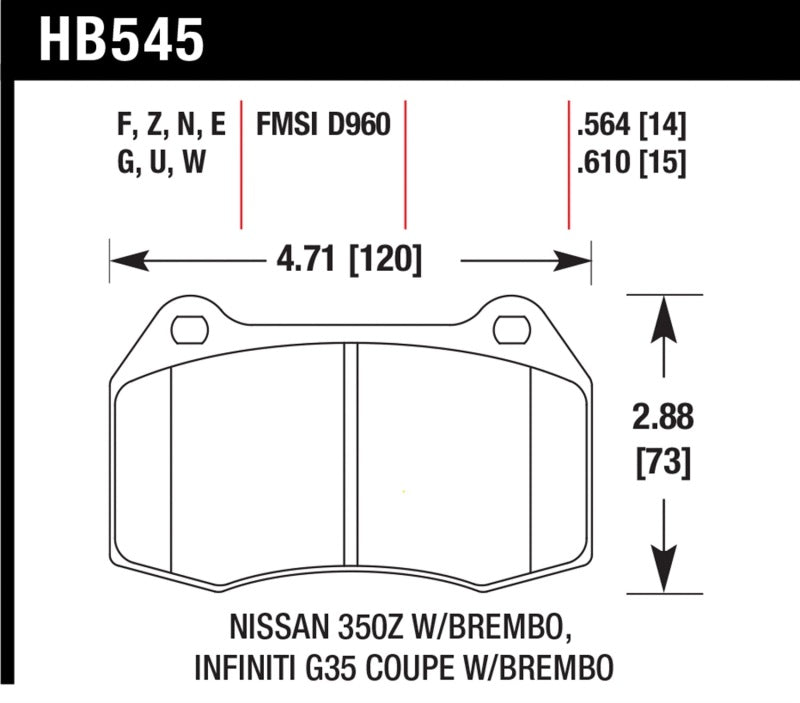 Hawk 03-07 G35/350z/03-06 Sentra Spec V w/ Brembo HPS Street Front Brake Pads dimensions diagram