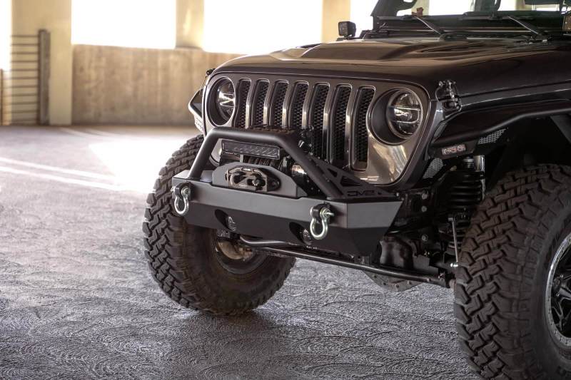 DV8 Offroad 07-23 Jeep Wrangler JK/JL & Gladiator JT FS-15 Series Front Bumper on a black Jeep.
