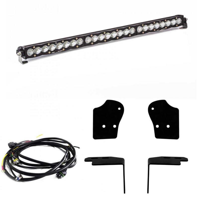 Baja Designs 2017 Ford Raptor S8 Series 30in Grille LED Light Bar Kit components including wiring and brackets.