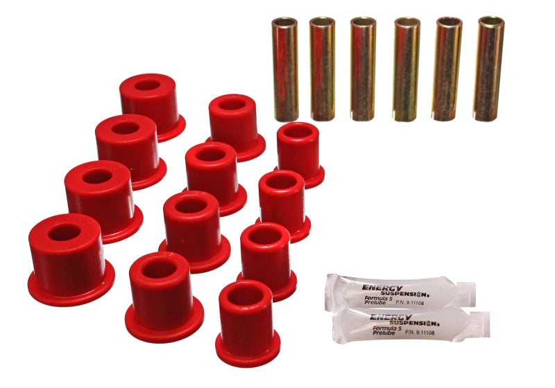 Energy Suspension Rear Spring Bushings - Red for offroad performance, including polyurethane bushings and hardware.