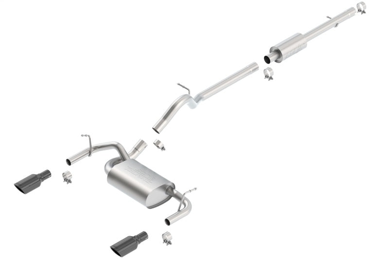 Borla 12-16 Jeep Wrangler 3.6L AT/MT 4DR 4WD S SQ RL AC SR 2.5in 2in TIP 3.5inx3.28in Black Chrome exhaust system with parts.