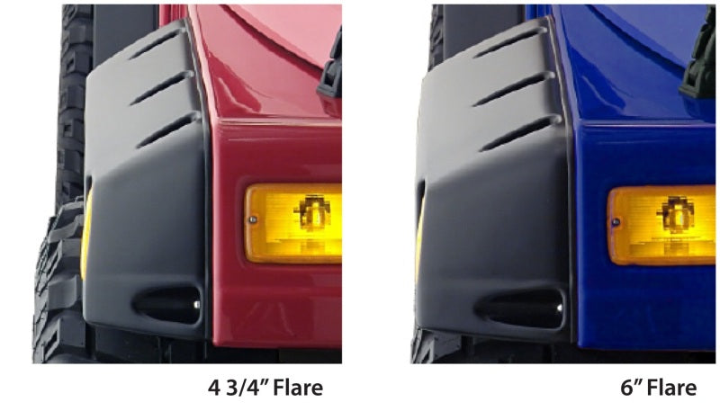 Bushwacker 97-06 Jeep TJ Max Pocket Style Flares 4pc - Black, comparing 4 3/4" and 6" flares for offroad performance upgrades.