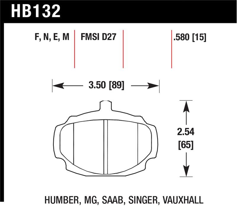 HB132 brake pad specifications for Humber, MG, Saab, Singer, Vauxhall