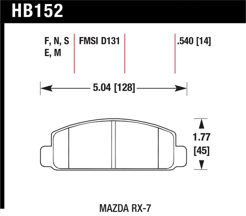 Hawk Mazda RX-7 HPS Street Front Brake Pads dimensions diagram
