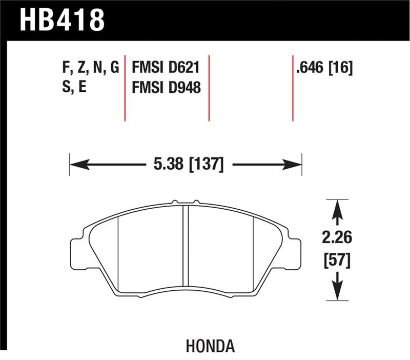 Hawk 02-06 RSX (non-S) Front / 03-09 Civic Hybrid / 04-05 Civic Si HP+ Street Rear Brake Pads dimensions diagram