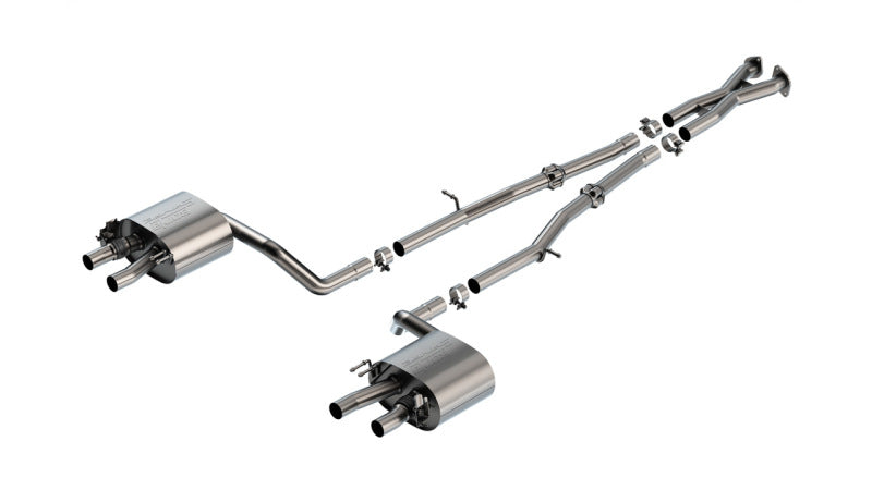 Borla 22-23 Kia Stinger 3.3L V6 Turbo 2.25in Pipe Dia Dual Split Rear Exit S-Type Cat-Back Exhaust system components.