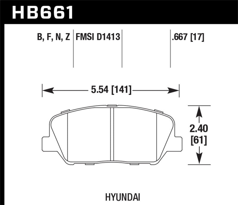 Hawk 10 Hyundai Genesis Coupe (w/o Brembo Breaks) HPS Street Front Brake Pads dimensions HB661