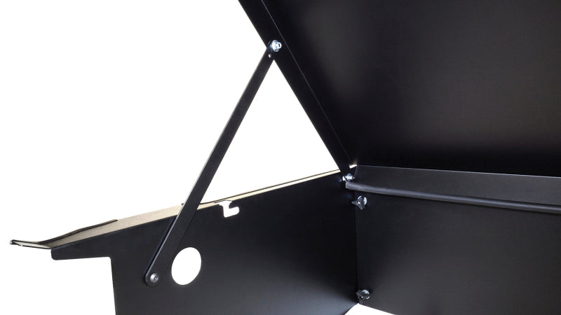 Tuffy Deluxe Enclosure For Jeep Wrangler W/ Subwoofer open lid and support rod, ideal for Jeep Wrangler accessories.