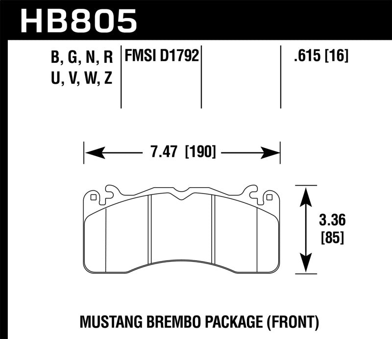 Hawk 15-17 Ford Mustang Brembo Package Performance Ceramic Front Brake Pads dimensions diagram