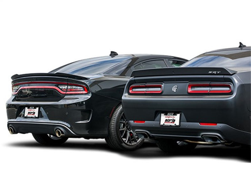 Borla 15-16 Dodge Challenger Hellcat 6.2L V8 ATAK w/ Valve Simulator CB Exhaust Factory Valance, rear view of two cars.