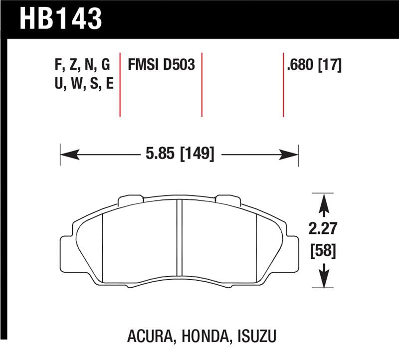 HB143 dimensions for Hawk 97-01 Honda Prelude HPS Street Front Brake Pads