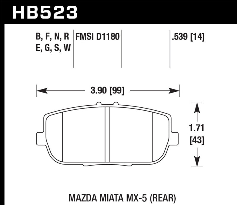 Hawk 2006-2006 Mazda MX-5 Miata Club Spec HPS 5.0 Rear Brake Pads dimensions