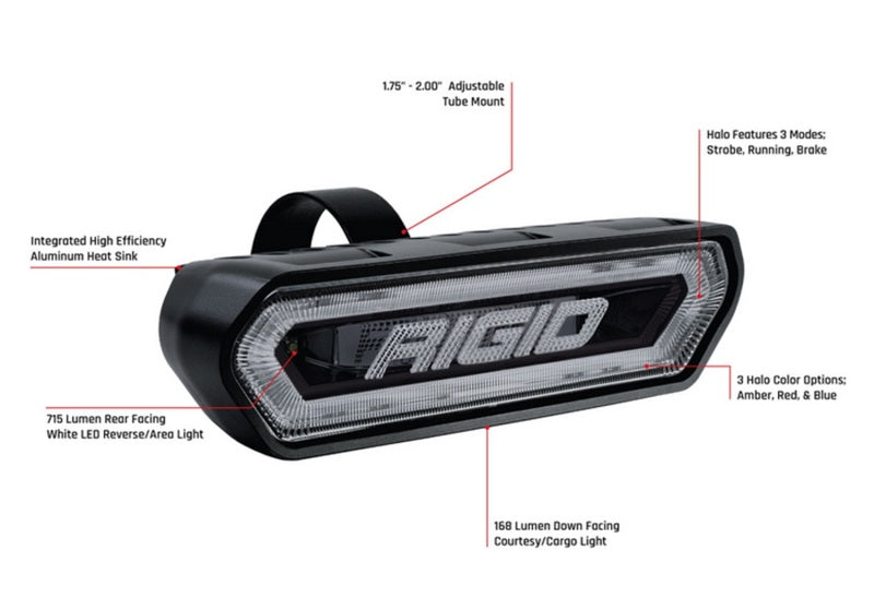 Rigid Industries Chase Tail Light Kit w/ Mounting Bracket - Blue details with LED features and mounting options.