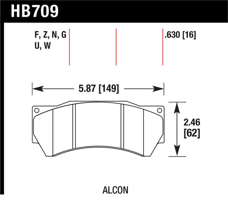 Hawk Performance Alcon Mono 6, Model 4497 HPS Street Brake Pads dimensions illustration