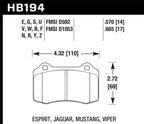Dimensions diagram for HB194 brake pads for Jaguar, Mustang, Viper.